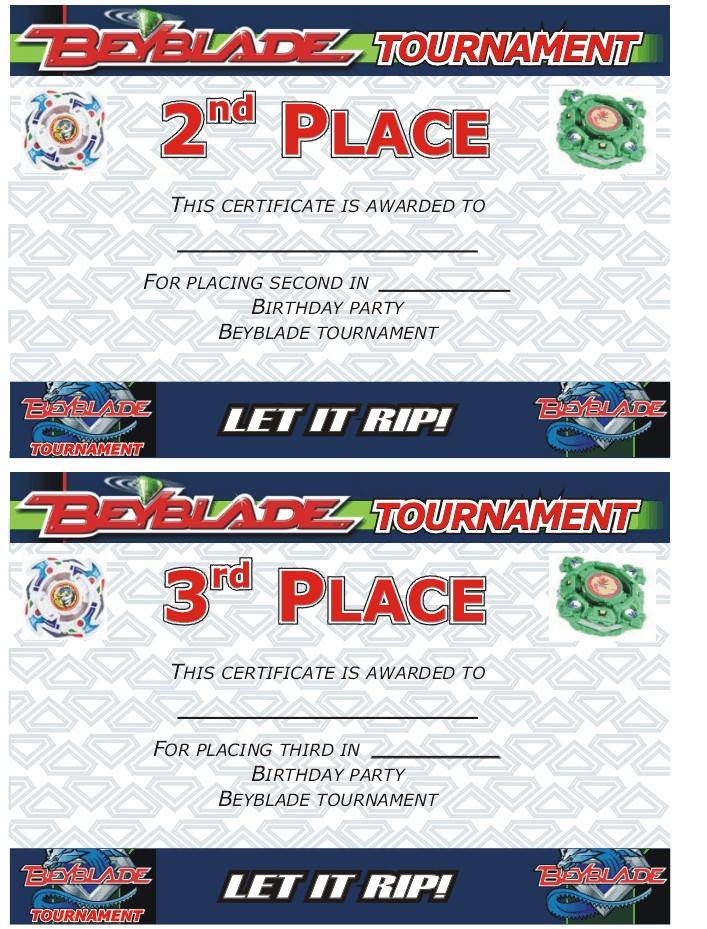 Beyblade Tournament Certificate: 2nd and 3rd place