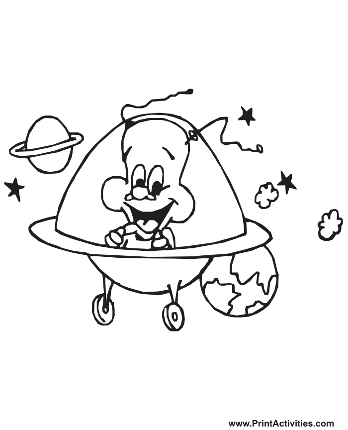 Alien Coloring Page of a smily alien in a UFO.