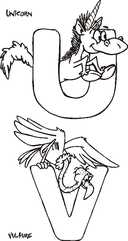 Letter U coloring page and letter V coloring page