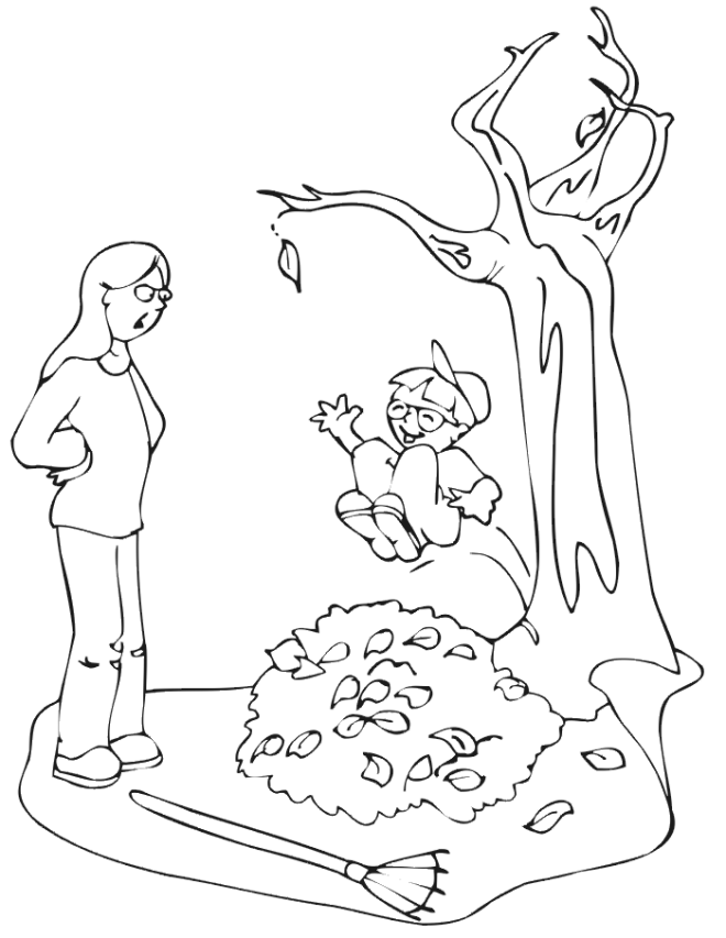 Free Printable Fall Coloring Page: playing in leaves
