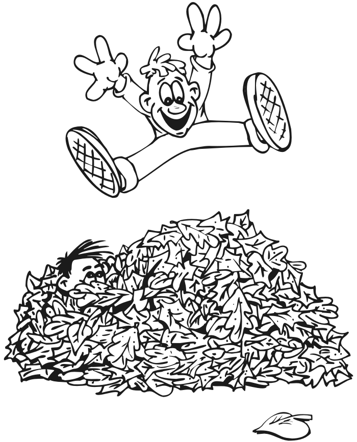 Autumn coloring page of kids playing in leaves.