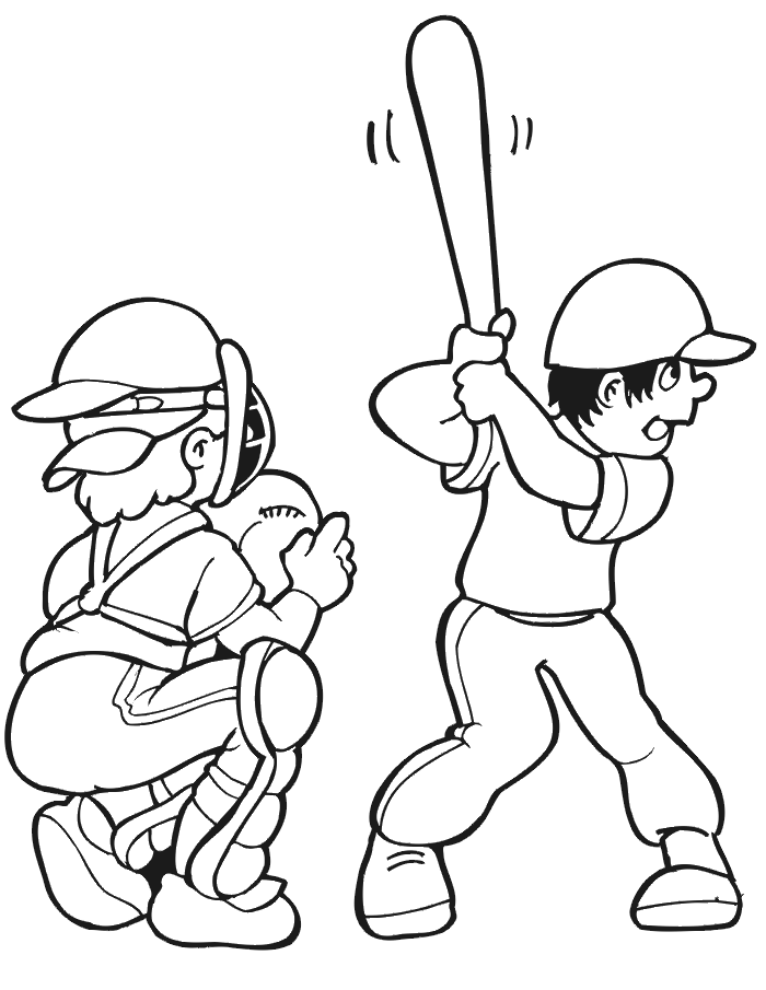 Free Printable Baseball Coloring Page: Batter and catcher