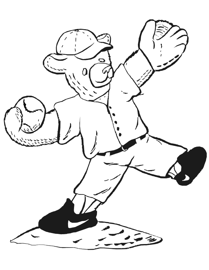 Free Printable Baseball Coloring Page: Bear baseball pitcher