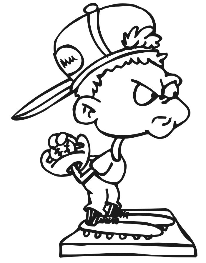 Baseball Coloring Page of a kid ready to pitch