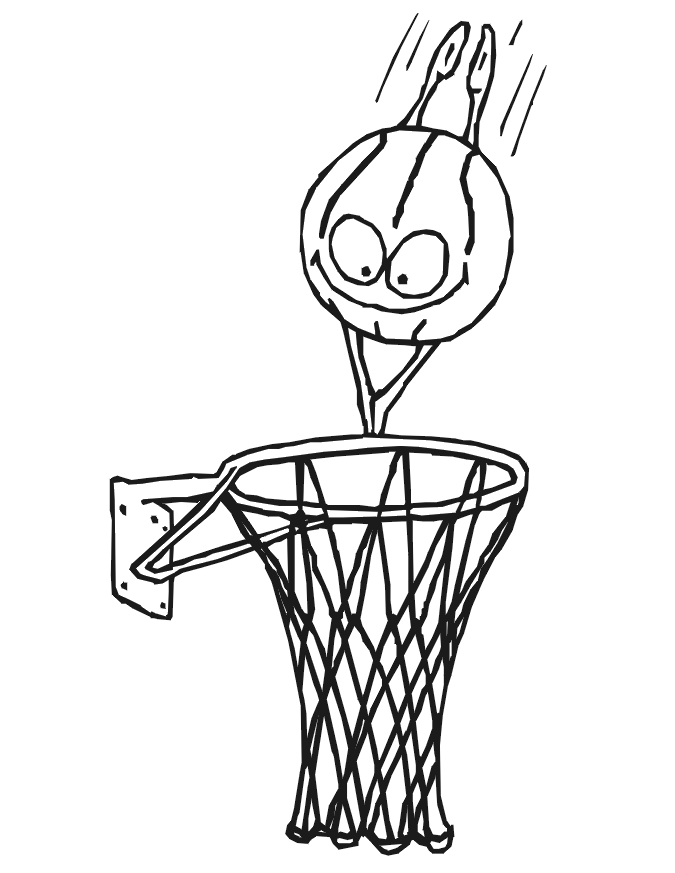 Basketball Coloring Picture: a ball diving through the basketball hoop