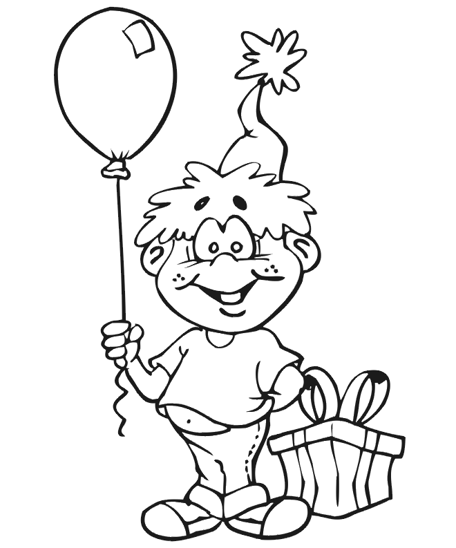Birthday Coloring Page: birthday boy holding balloon