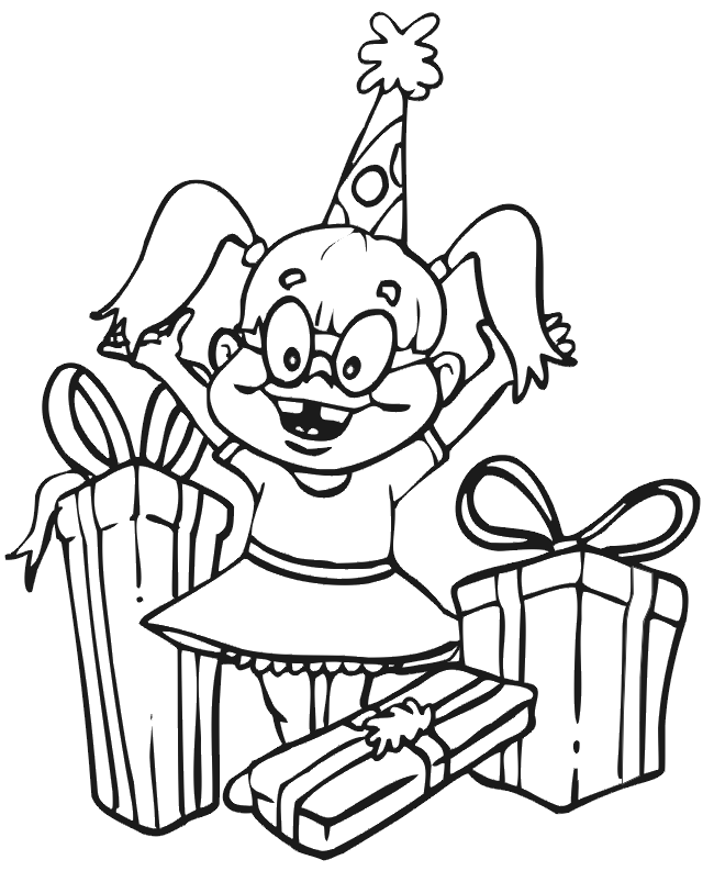Birthday Coloring Page: birthday girl with gifts