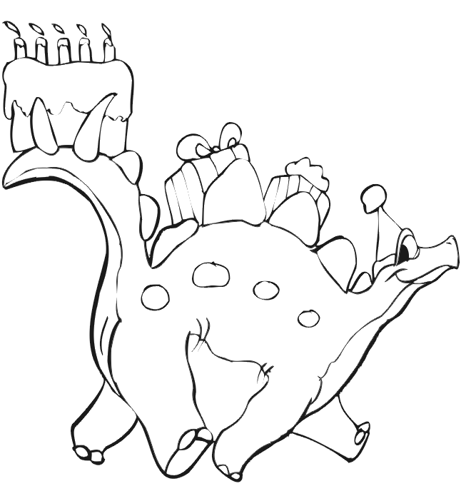 Birthday Coloring Page | A Dinosaur With a Cake and Presents