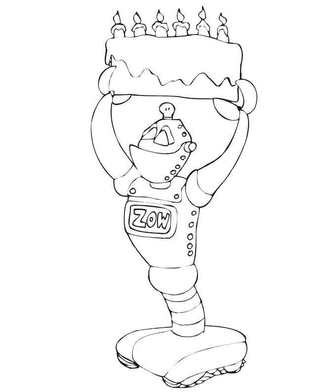 Birthday Coloring Page: Robot carrying cake