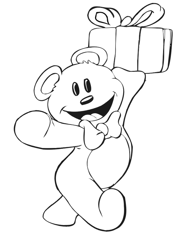 Birthday Coloring Page: Teddy bear carrying gift