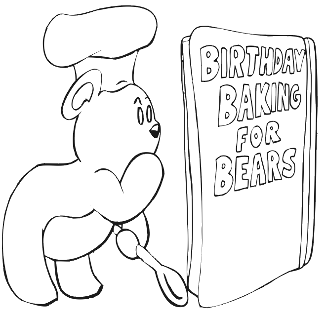Birthday Coloring Page: Teddy bear baking cake