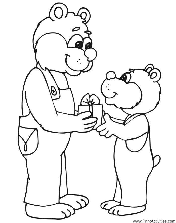 Birthday Coloring Page: Papa bear giving son a gift