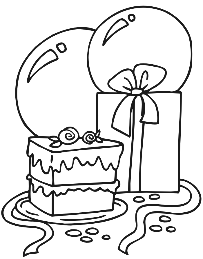Birthday Coloring Page: cake, present, and balloons