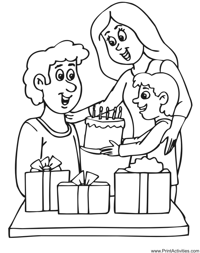 Birthday Coloring Page: Mom and daughter giving gifts to dad