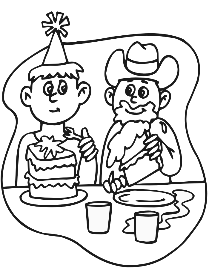 Birthday Coloring Page: 2 boys eating birthday cake