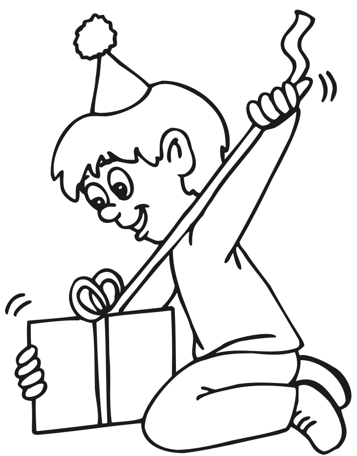 Birthday Coloring Page: boy opening birthday present