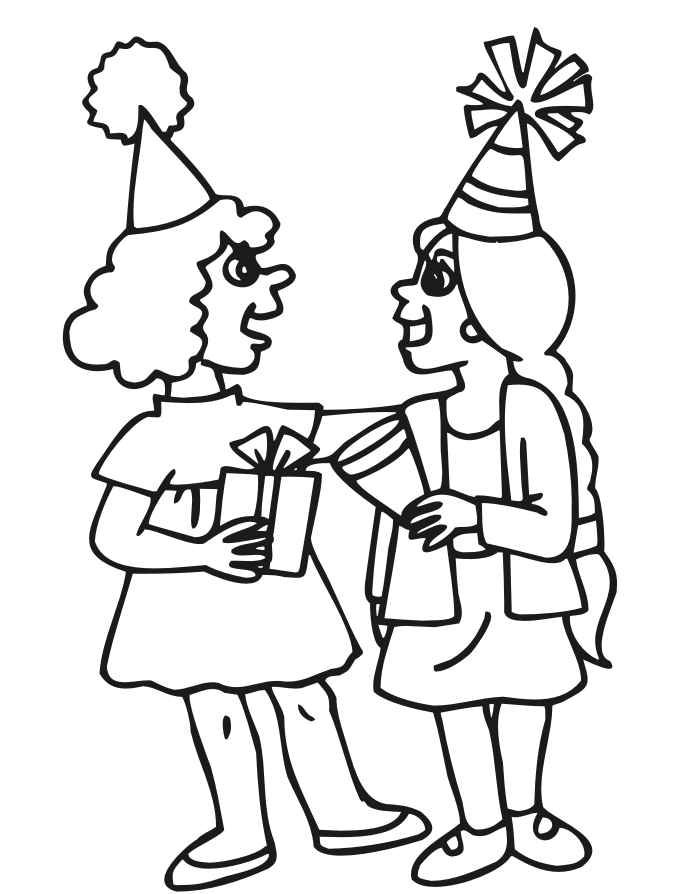 Birthday Coloring Page: 2 girls at a party