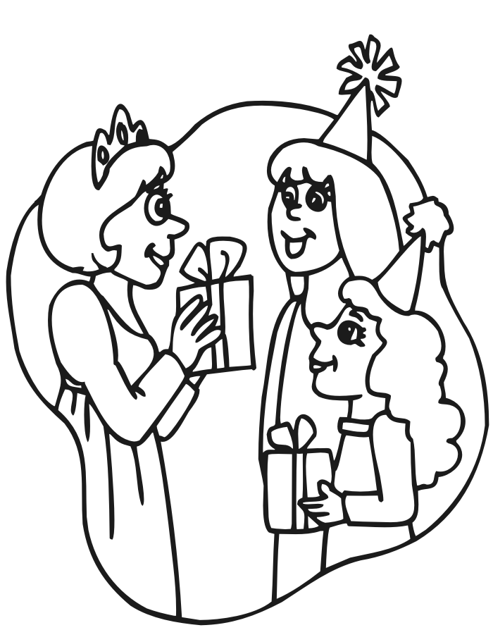 Birthday Coloring Page: 3 girls at a princess party