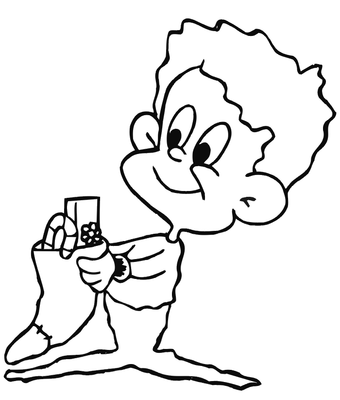 Christmas coloring page: boy holding stocking