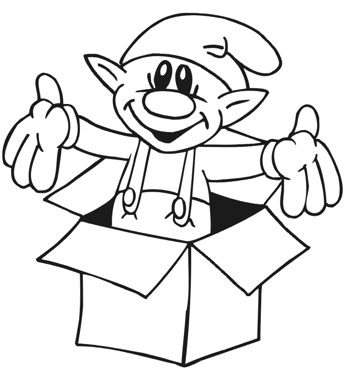 Christmas coloring page: elf in box