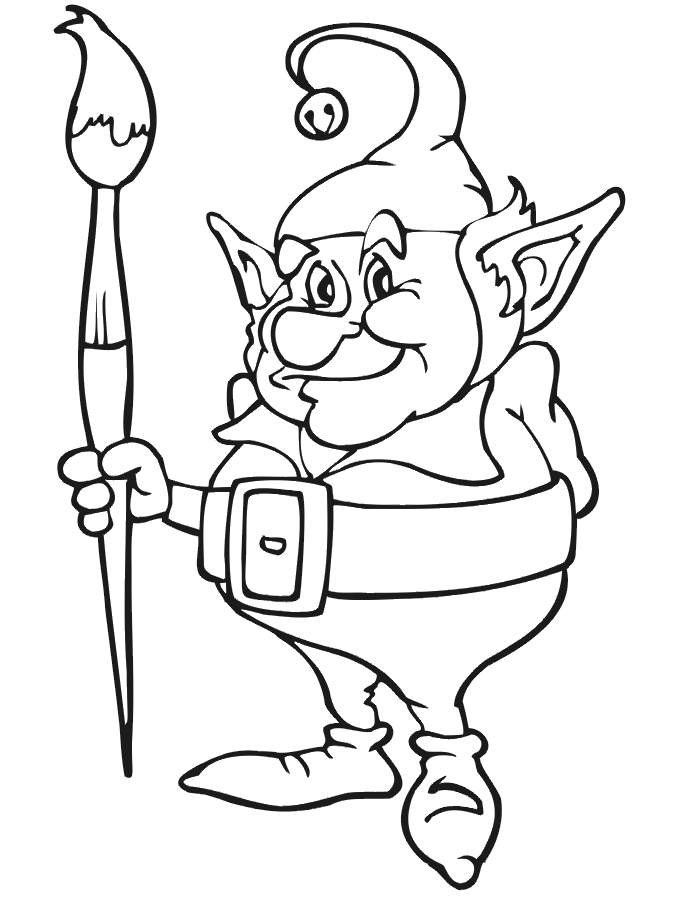 Christmas coloring page: elf holding paintbrush