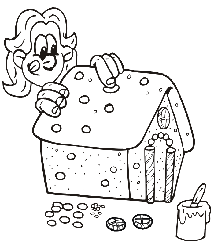 Christmas coloring page: Decorating gingerbread house