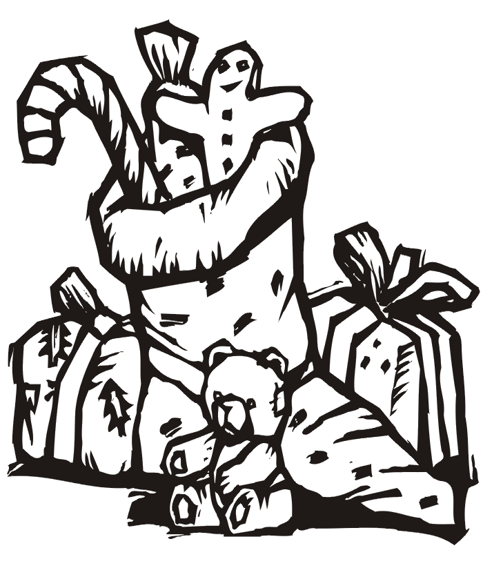 Overflowing christmas stocking coloring page