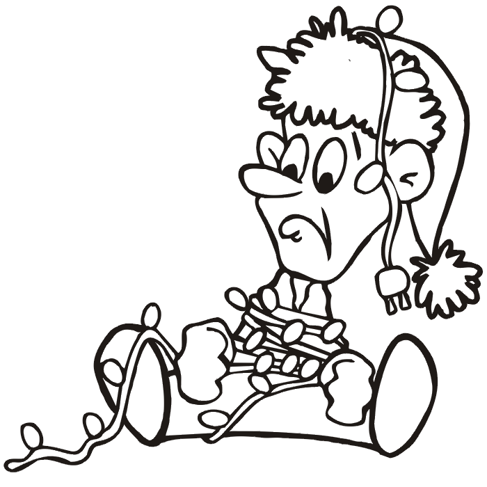 Christmas coloring page: Dad tangled in lights