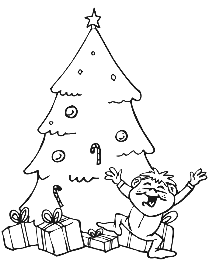 Christmas coloring page: tree with gifts and happy boy