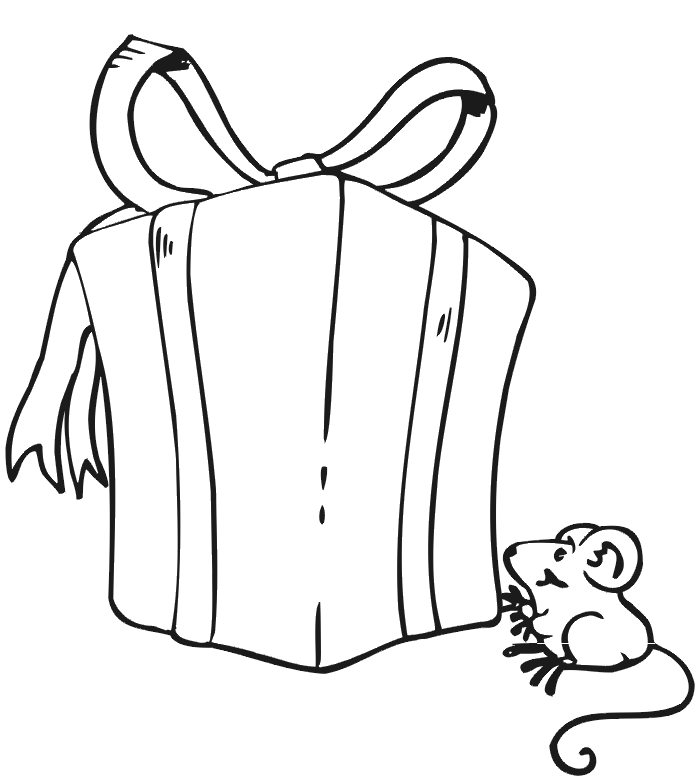 Christmas coloring page: wrapped present & mouse