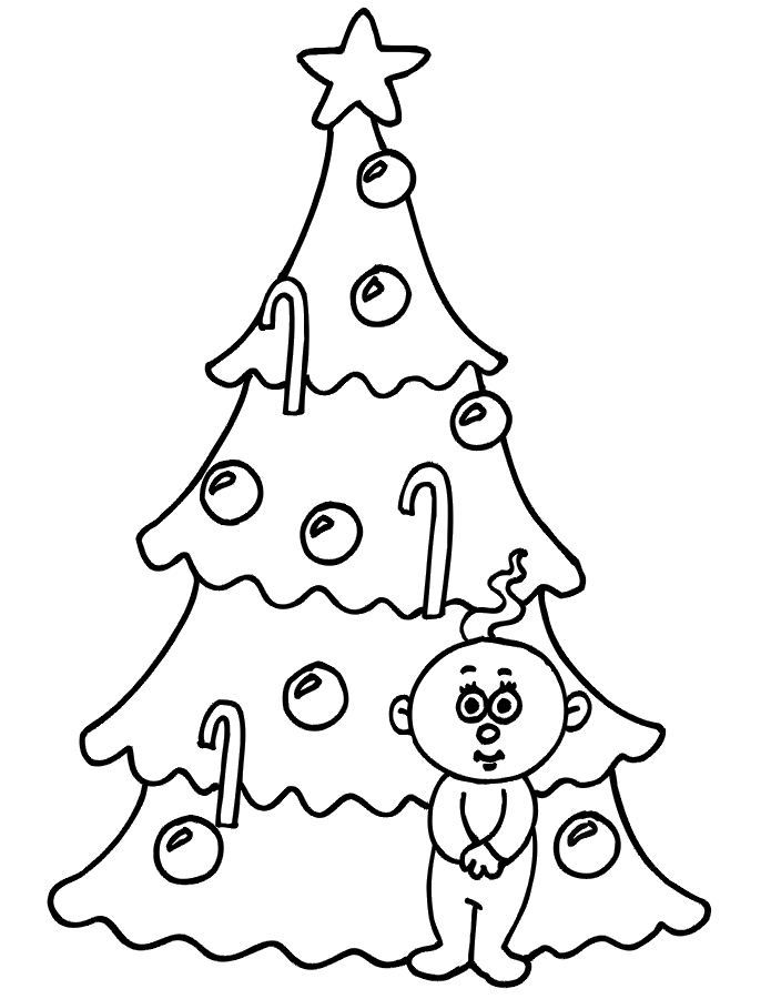 Christmas coloring page: child by Christmas tree