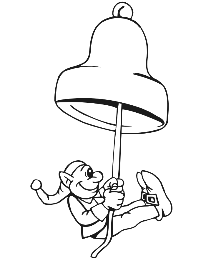 Printable Christmas coloring page of an elf ringing a bell