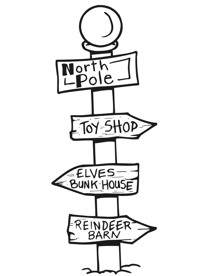 Printable Christmas coloring page of a north pole signpost