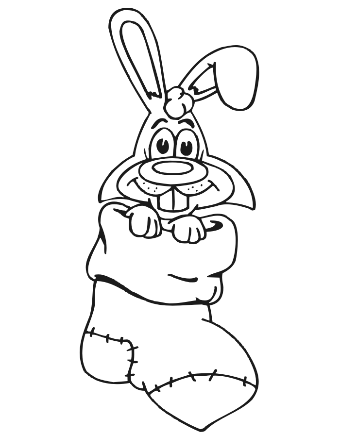 Printable Christmas coloring page of a rabbit in a stocking
