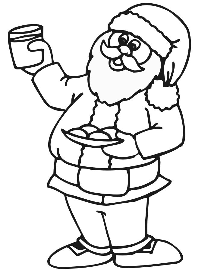Printable Christmas coloring page of santa with milk and cookies