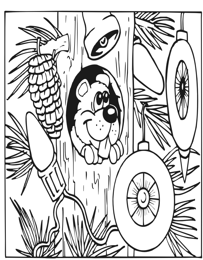 Printable Christmas coloring page of a squirrel in a decroated tree