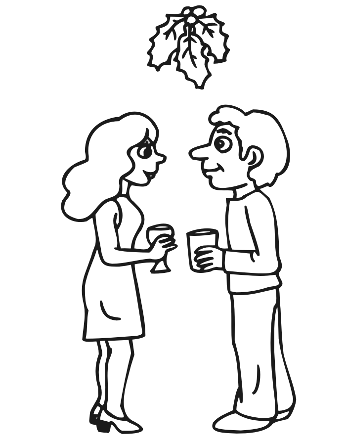 Printable Christmas coloring page of a couple under the mistletoe