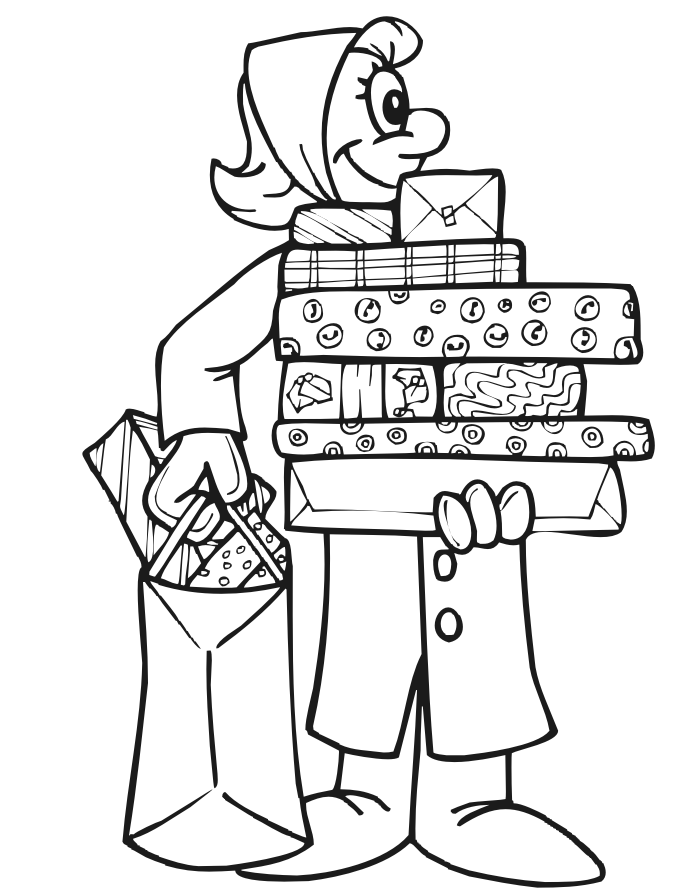 Printable Christmas coloring page of a woman carrying Christmas gifts
