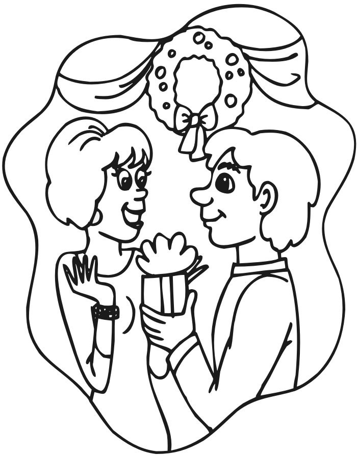 Printable Christmas coloring page of a couple exchanging presents.