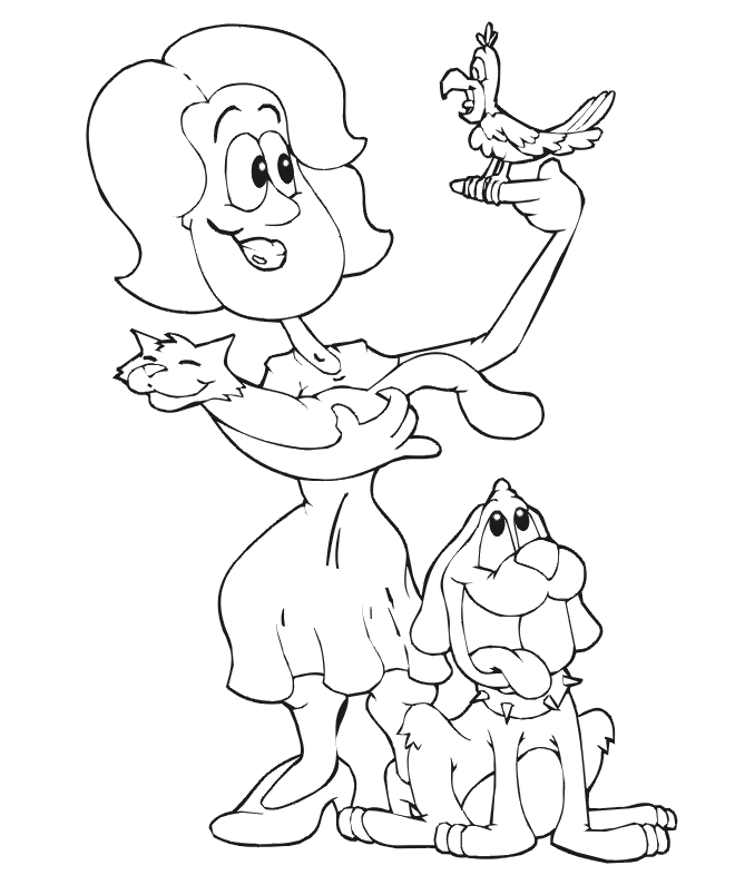 Dog Coloring Page: Woman with dog, cat and bird