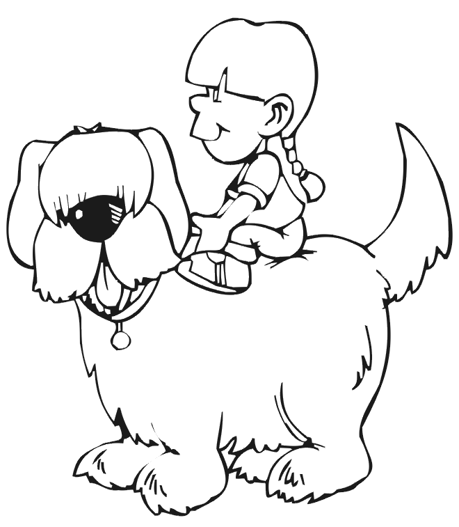Dog Colouring Pages. Girl riding on shaggy dog