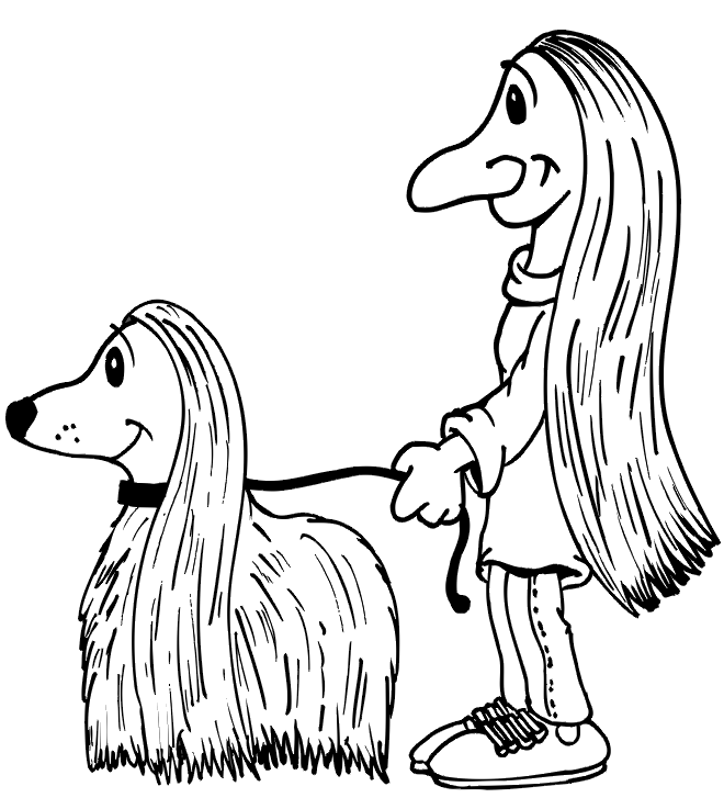 Dog Coloring Page: Shaggy dog and shaggy owner