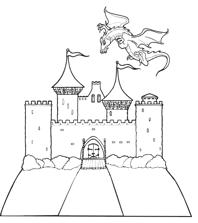 Dragon Coloring Page: dragon flying over castle