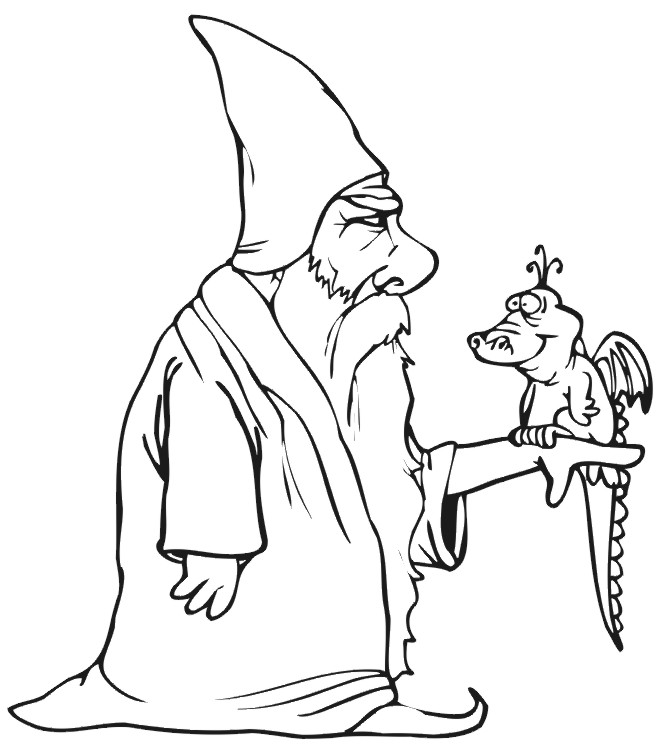 Dragon Coloring Page: Wizard Holding Dragon