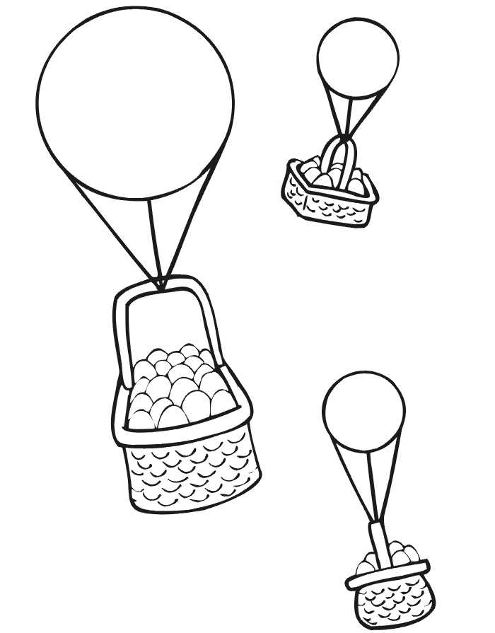 Easter coloring page of Easter baskets tied to balloons