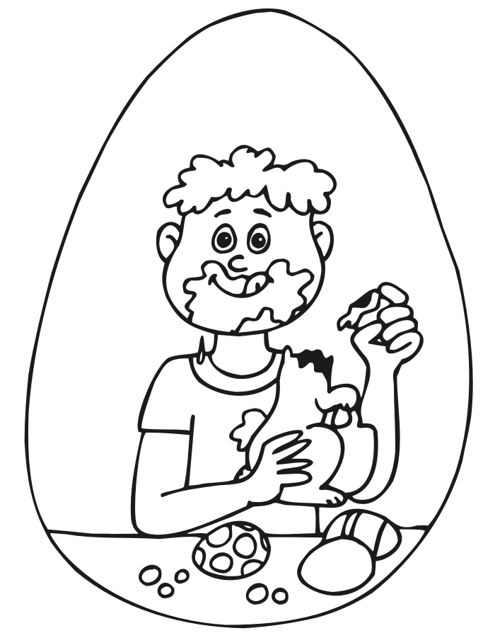 Easter Coloring Page: boy eating chocolate easter bunny