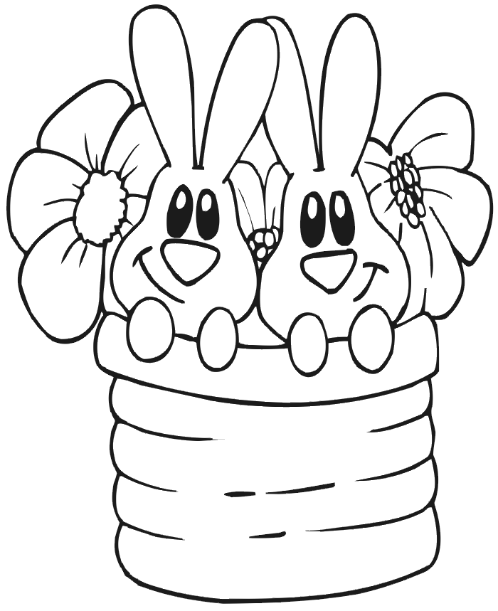 Easter coloring page of bunnies is a flower pot