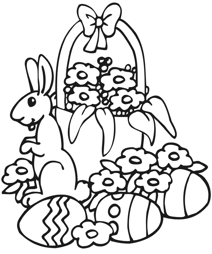 Easter coloring page of a basket with eggs and a bunny