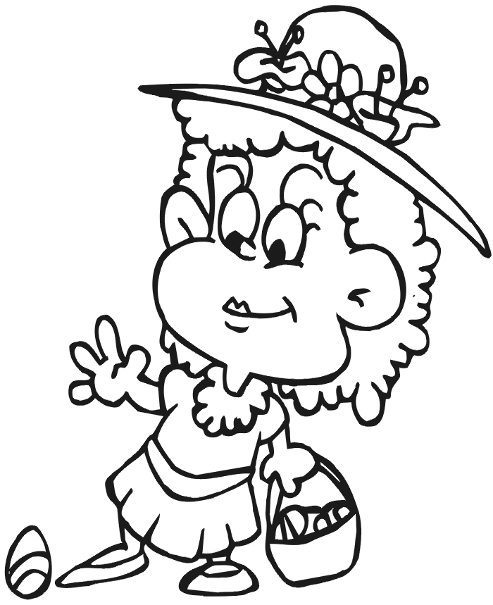 Easter coloring page of a girl looking for Easter eggs