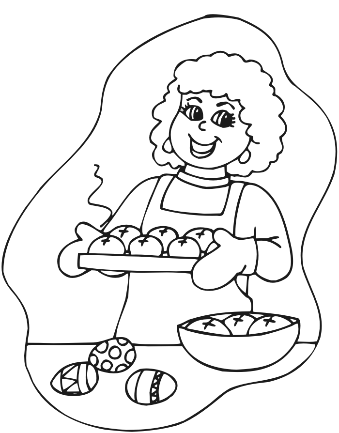Easter coloring page of fresh baked hot cross buns